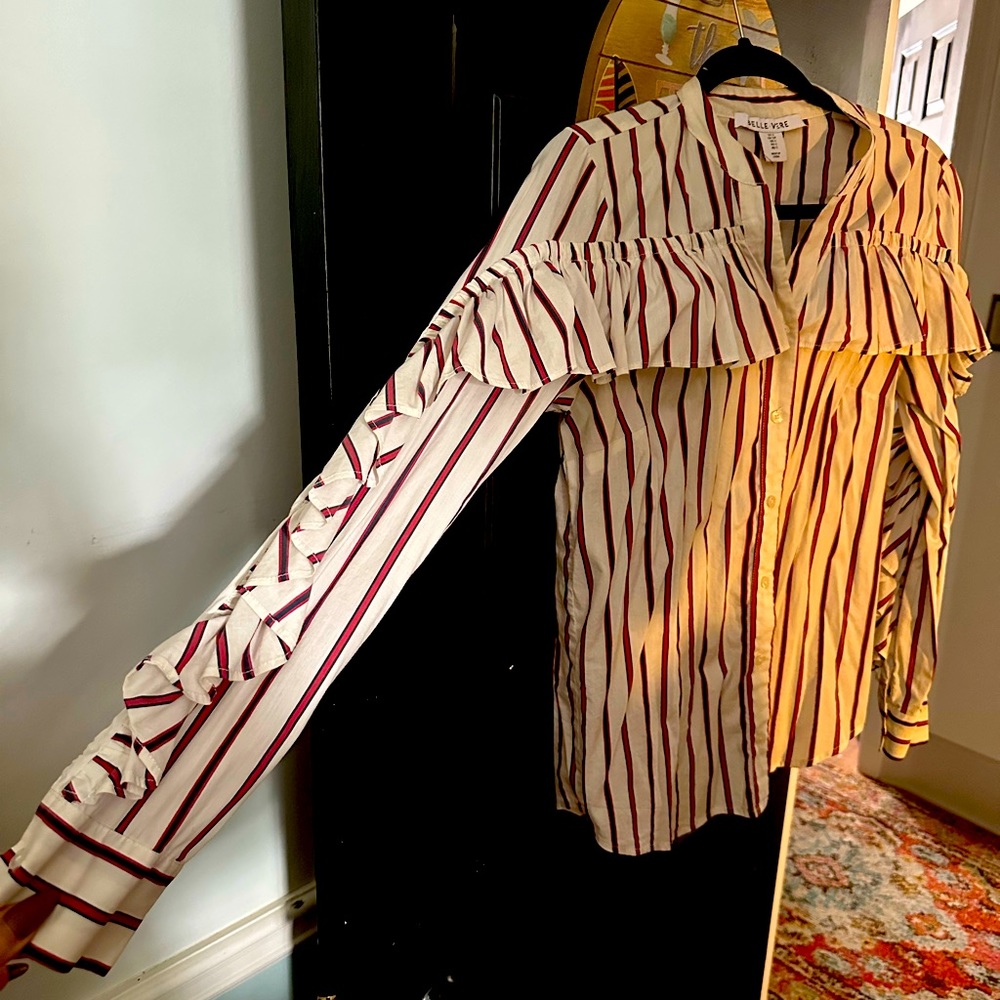 Belle Vere Button Down striped blouse with gorgeous detail
